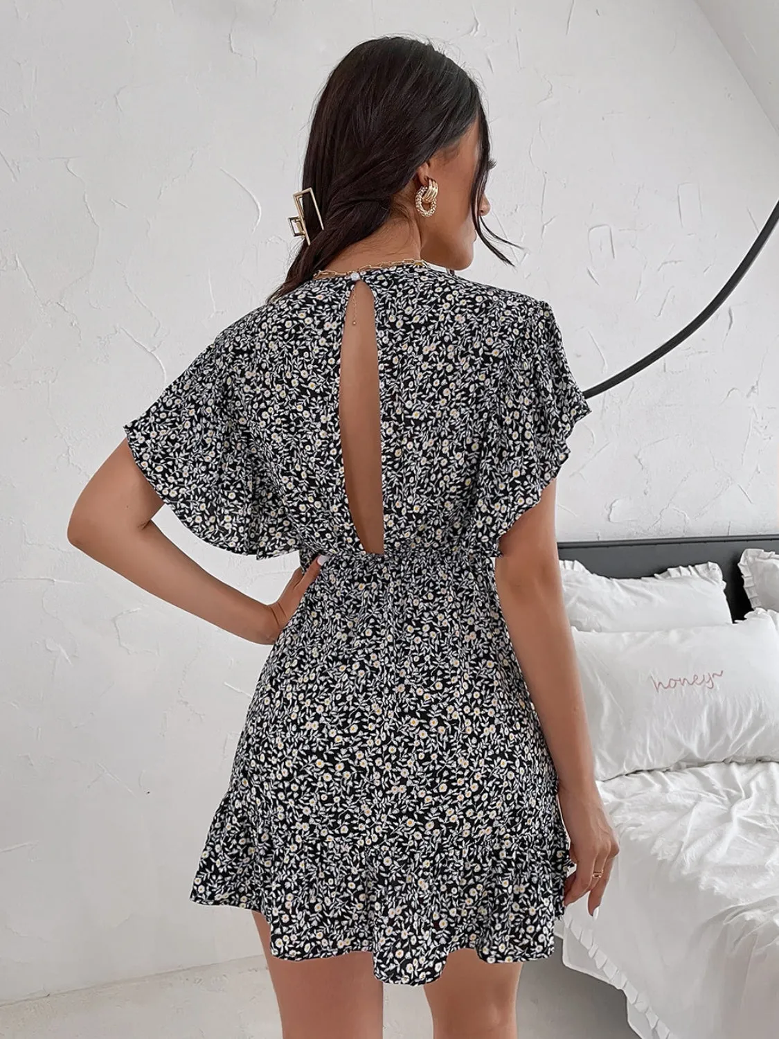 Preorder Cutout Ditsy Floral Surplice Flounce Sleeve Dress