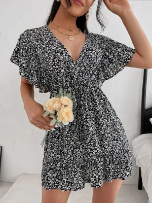 Preorder Cutout Ditsy Floral Surplice Flounce Sleeve Dress