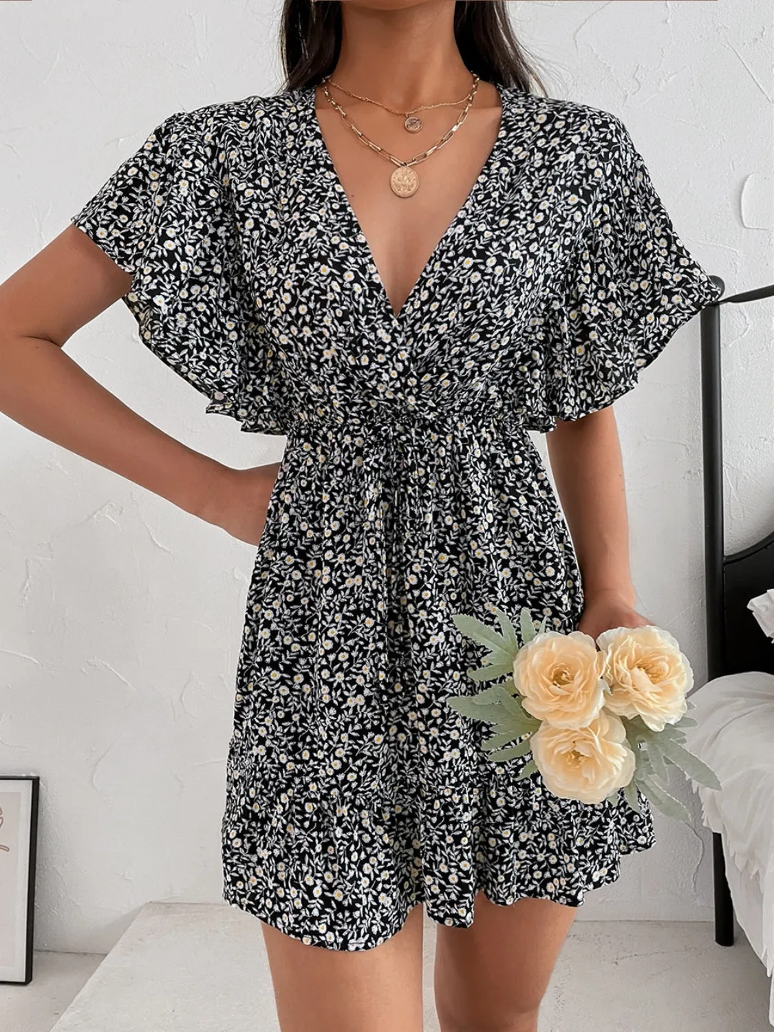 Preorder Cutout Ditsy Floral Surplice Flounce Sleeve Dress
