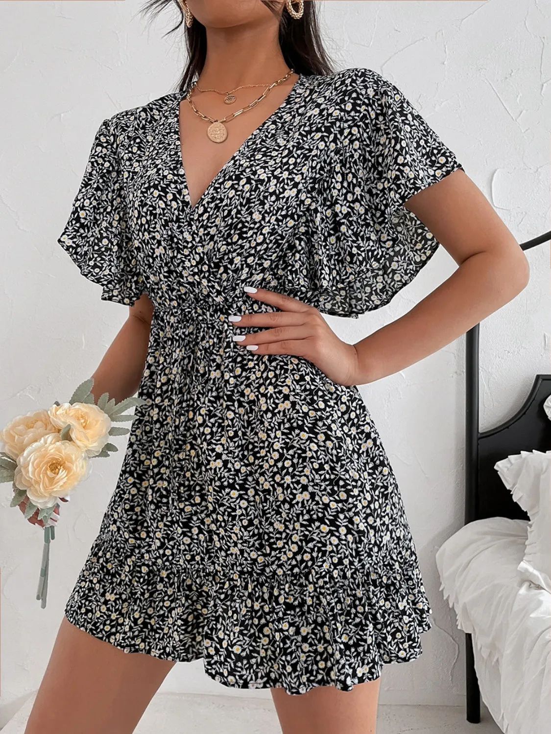 Preorder Cutout Ditsy Floral Surplice Flounce Sleeve Dress