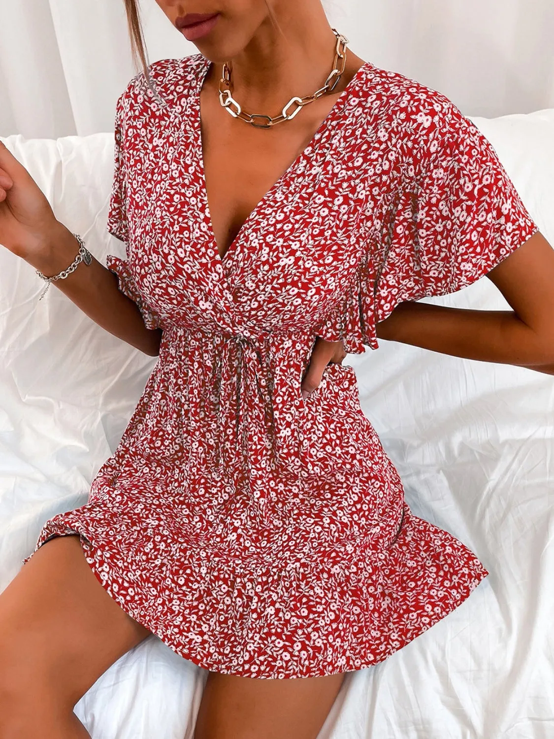 Preorder Cutout Ditsy Floral Surplice Flounce Sleeve Dress