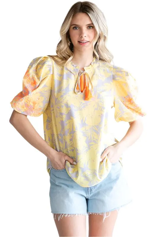 Print Frilled Tassel-Tie Neck Top