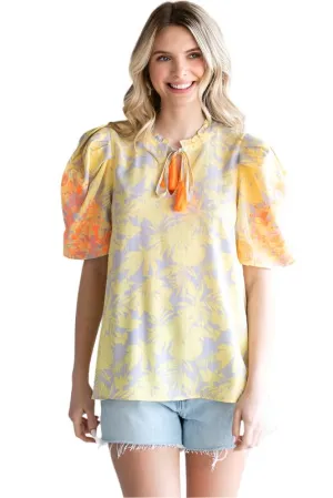 Print Frilled Tassel-Tie Neck Top