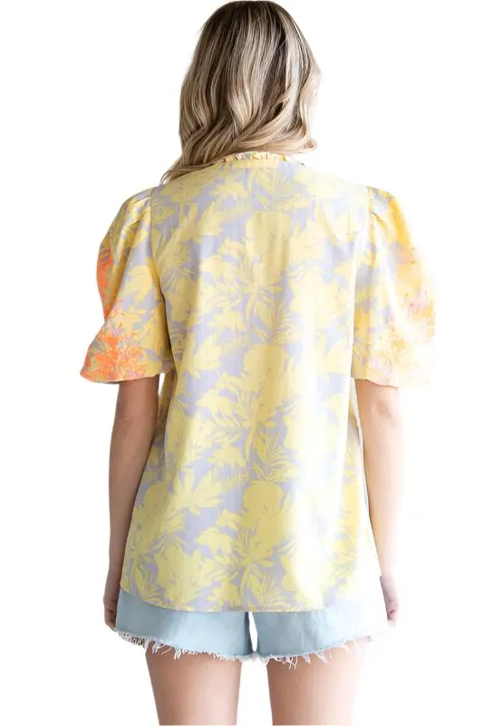 Print Frilled Tassel-Tie Neck Top