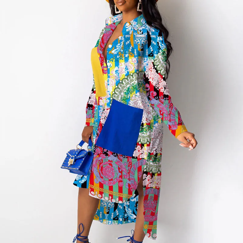 Print Pocket Design Button Detailed Shirt Dress