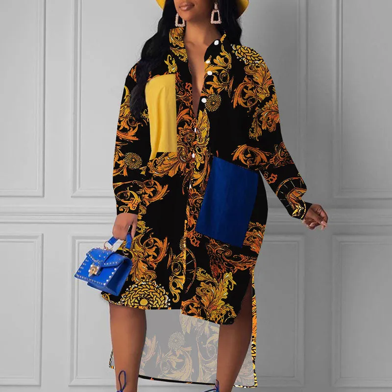 Print Pocket Design Button Detailed Shirt Dress