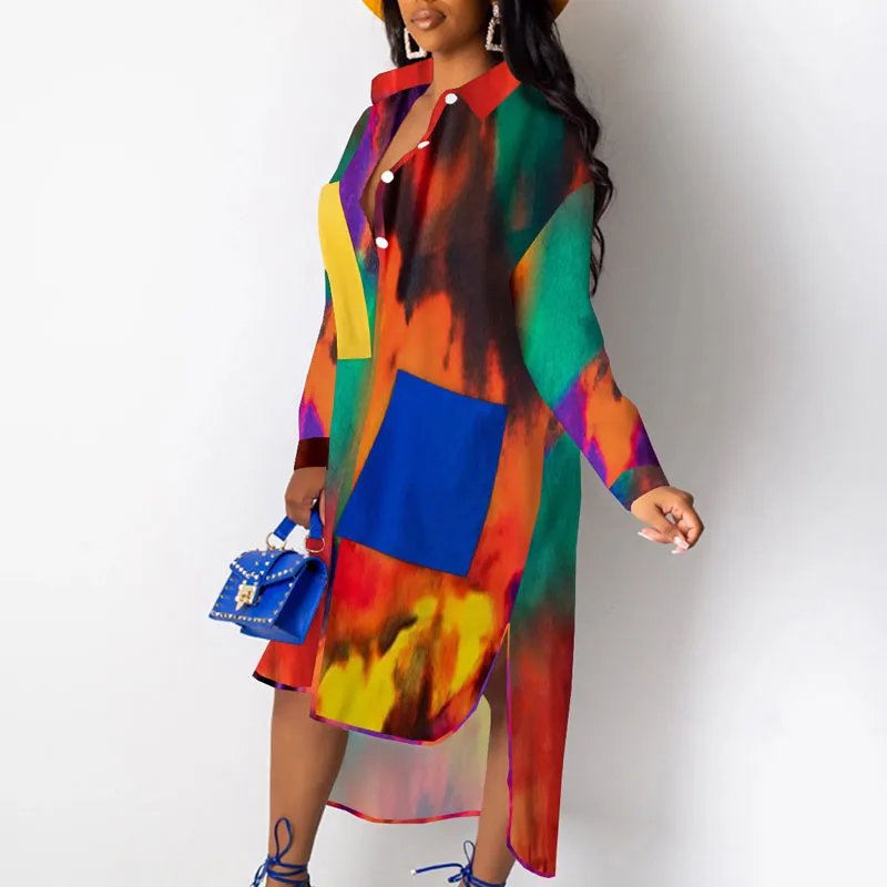 Print Pocket Design Button Detailed Shirt Dress