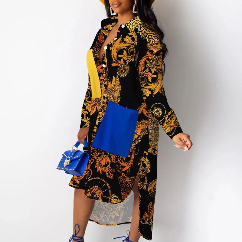 Print Pocket Design Button Detailed Shirt Dress