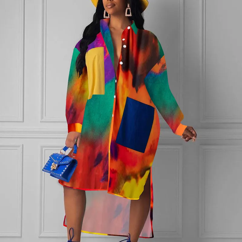 Print Pocket Design Button Detailed Shirt Dress