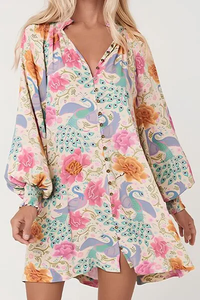 Printed Notched Lantern Sleeve Dress