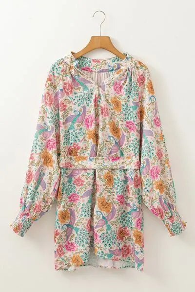 Printed Notched Lantern Sleeve Dress