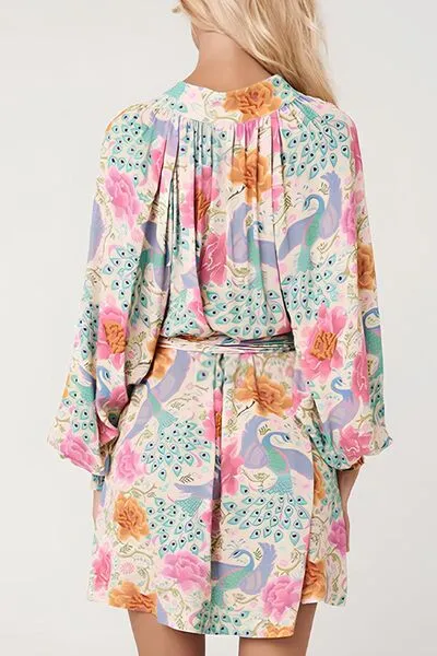 Printed Notched Lantern Sleeve Dress