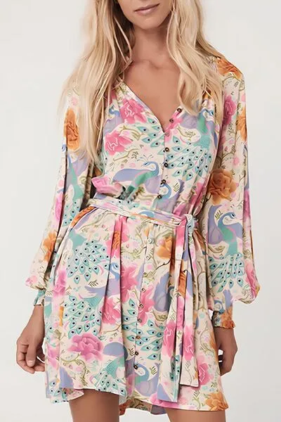 Printed Notched Lantern Sleeve Dress