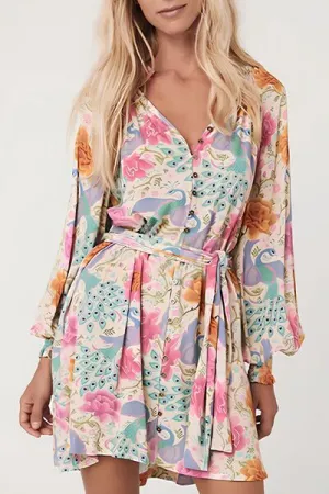 Printed Notched Lantern Sleeve Dress