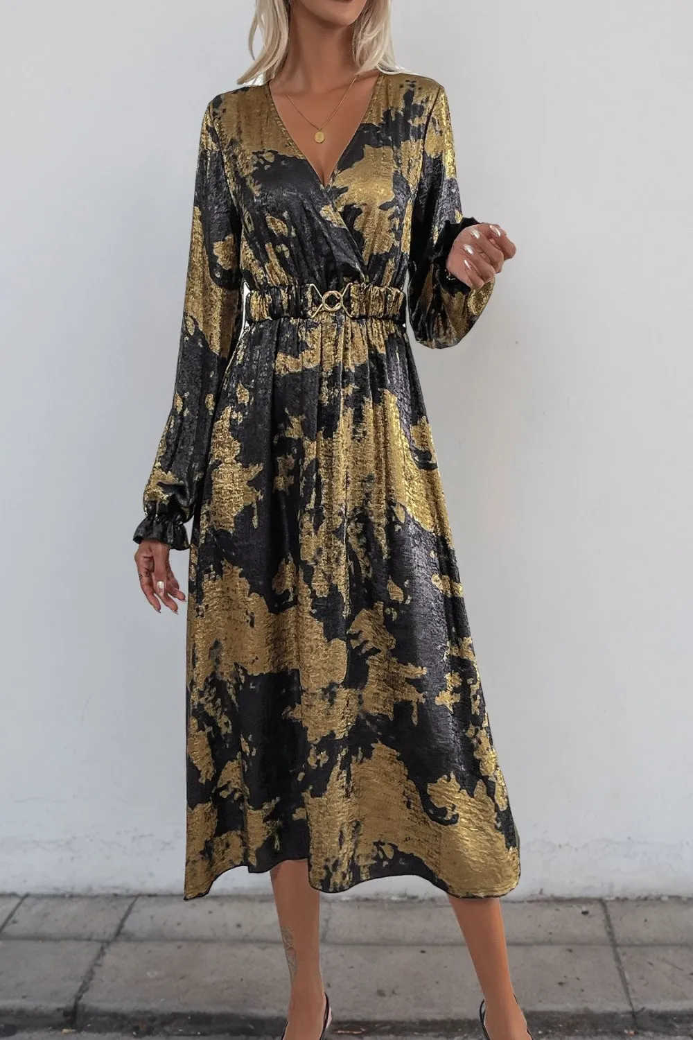 Printed Surplice Long Sleeve Midi Dress