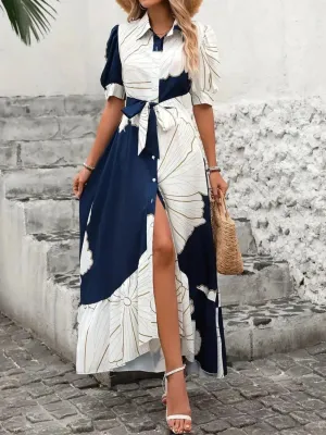 Printed Tie Waist Half Sleeve Maxi Shirt Dress