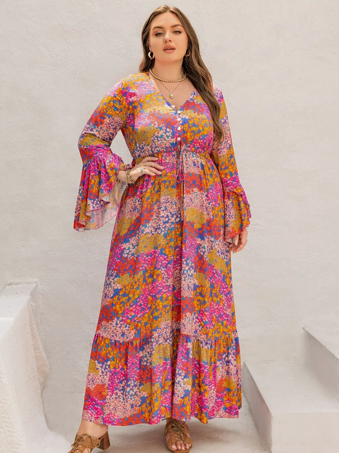 Printed V-Neck Long Sleeve Maxi Dress
