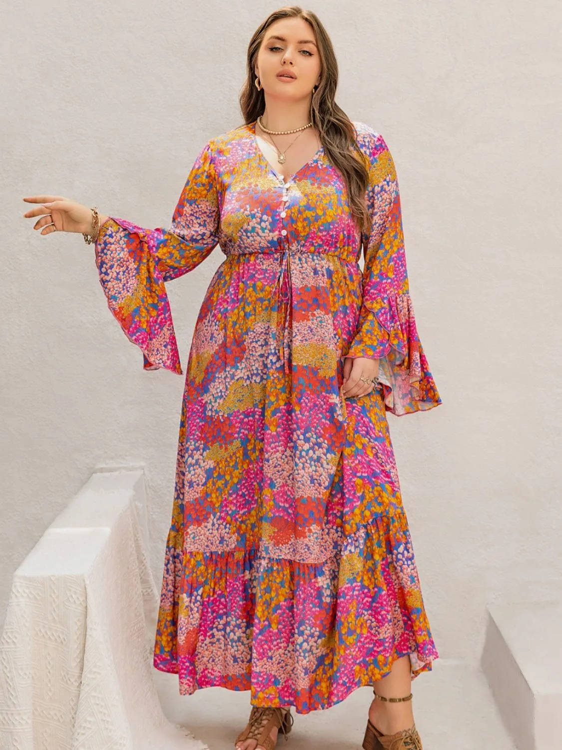 Printed V-Neck Long Sleeve Maxi Dress
