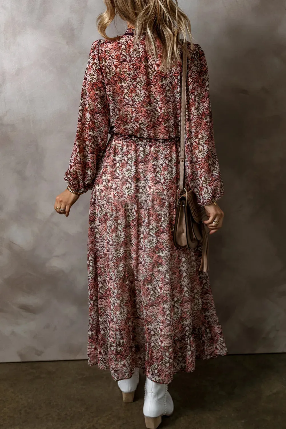 Printed V-Neck Long Sleeve Midi Dress