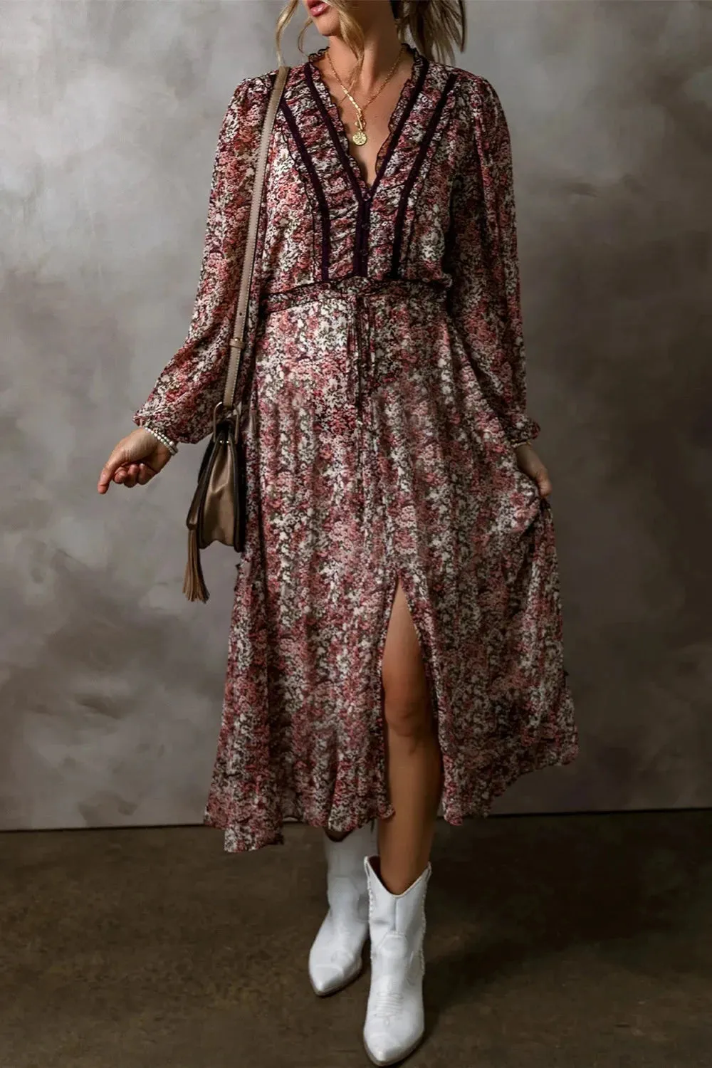 Printed V-Neck Long Sleeve Midi Dress