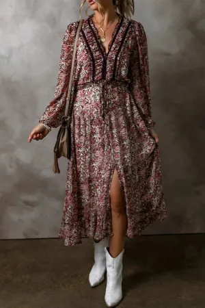 Printed V-Neck Long Sleeve Midi Dress