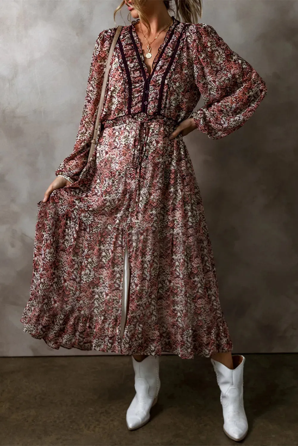 Printed V-Neck Long Sleeve Midi Dress