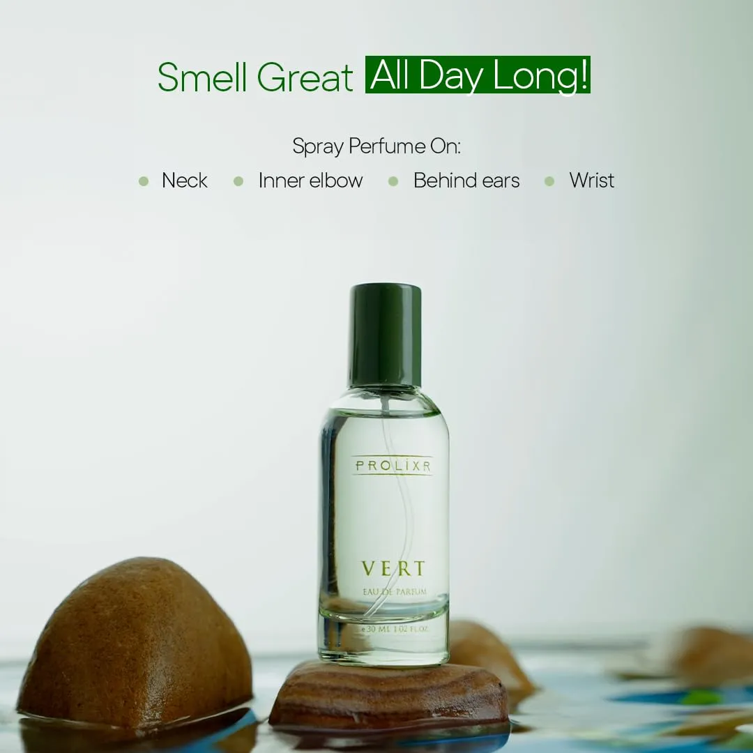 Prolixr Vert Eau De Parfum EDP Bottle 30ml | Long Lasting Perfume For Women | Premium Luxury Women Perfume | Lotus, Peony, Waterlily, White Musk, and Mahogany - Mini Perfume