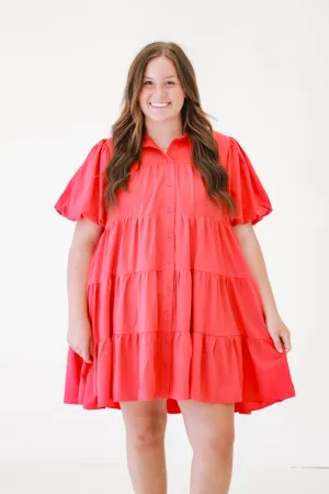 Puff Sleeve Perfection Solid Button Up Tiered Dress in Red
