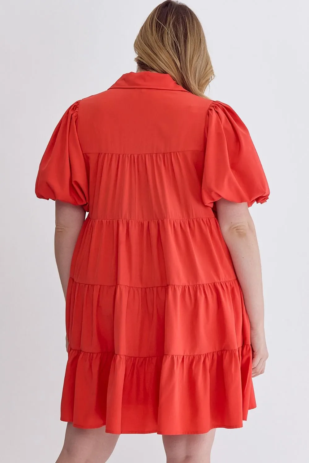 Puff Sleeve Perfection Solid Button Up Tiered Dress in Red