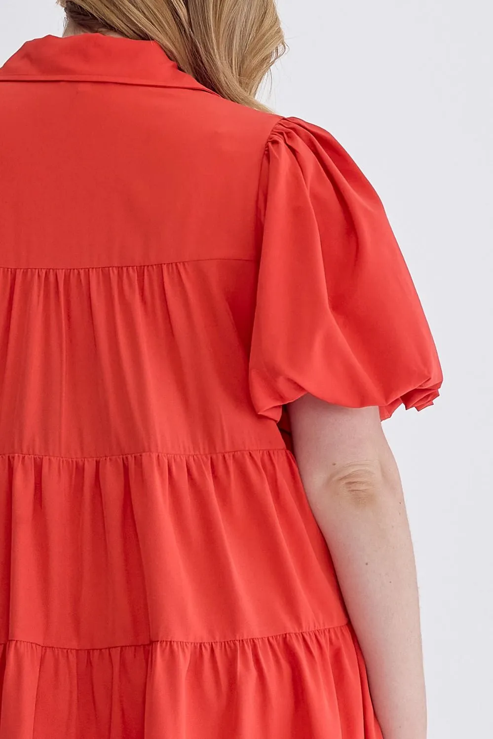 Puff Sleeve Perfection Solid Button Up Tiered Dress in Red