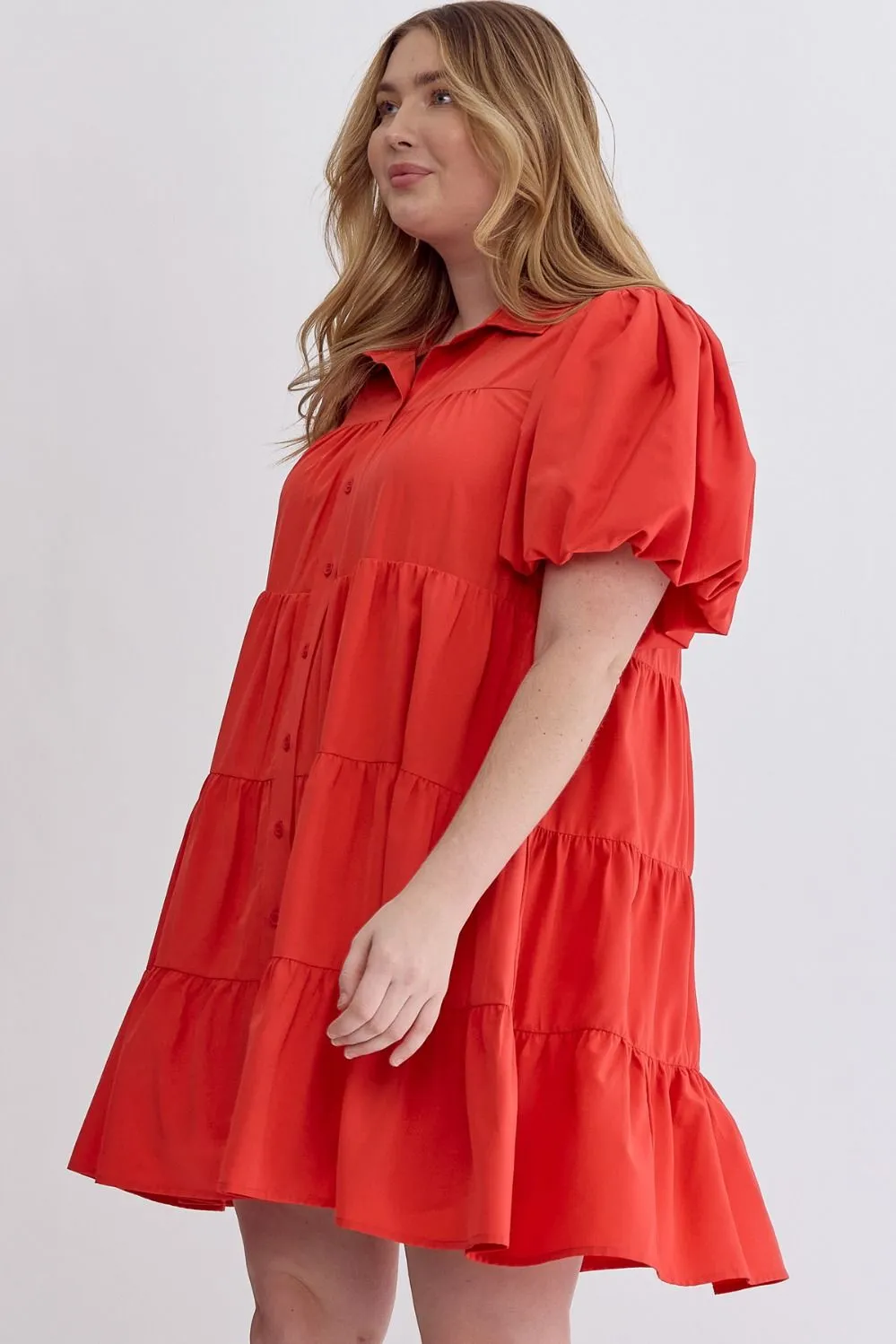 Puff Sleeve Perfection Solid Button Up Tiered Dress in Red