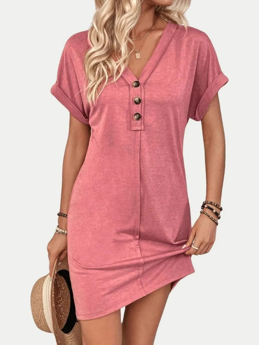 Quarter Button V-Neck Short Sleeve Dress