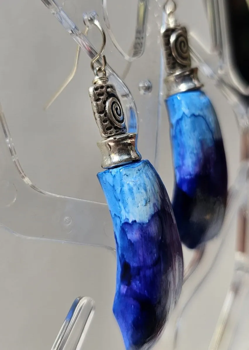 "Roc-N-Lobes Earrings" (Indigo Blue Hand painted Buffalo Teeth) by Michele L. Scott