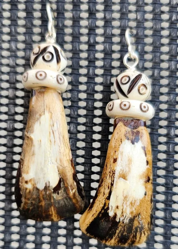 "Roc-N-Lobes Earrings" (Light Earth tone Hand painted Buffalo Teeth) by Michele L. Scott