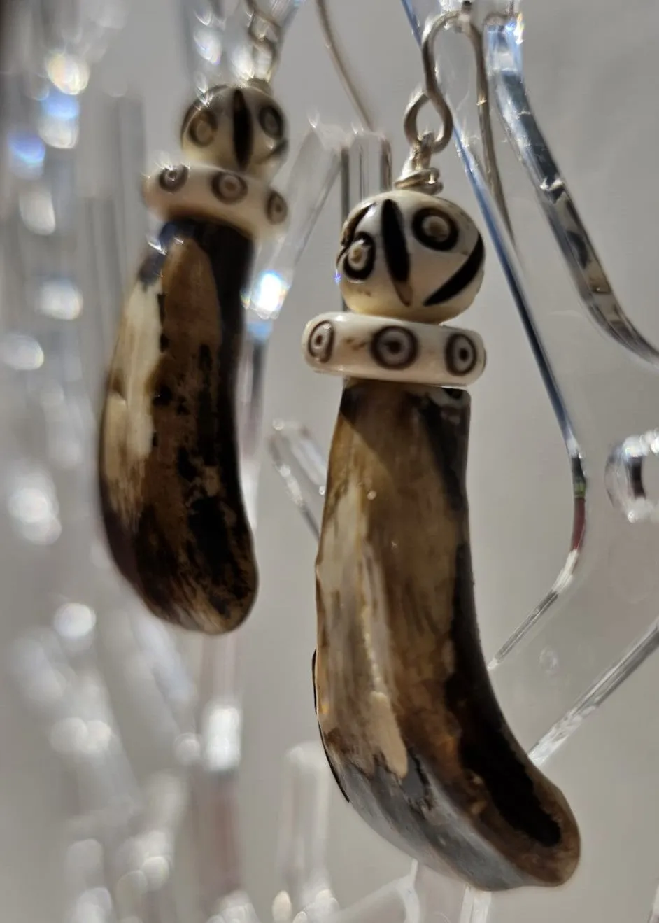 "Roc-N-Lobes Earrings" (Light Earth tone Hand painted Buffalo Teeth) by Michele L. Scott