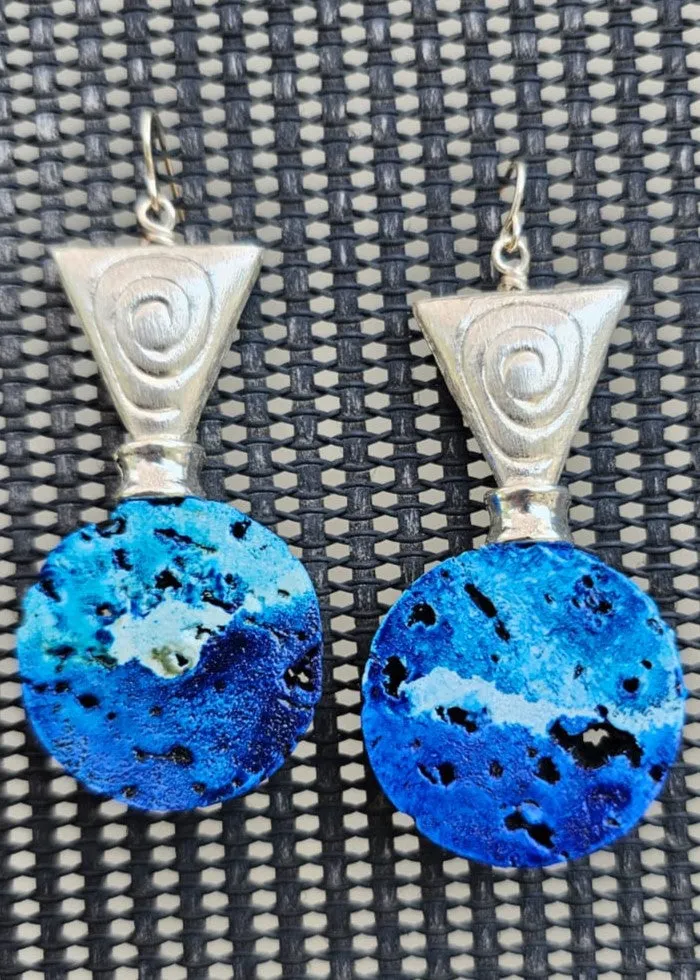 "Roc-N-Lobes Earrings" (Royal Blue Cork w/silver, Hand painted) by Michele L. Scott