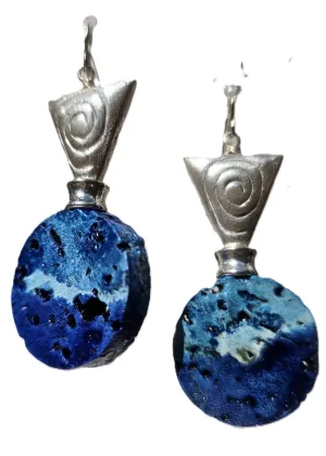 "Roc-N-Lobes Earrings" (Royal Blue Cork w/silver, Hand painted) by Michele L. Scott