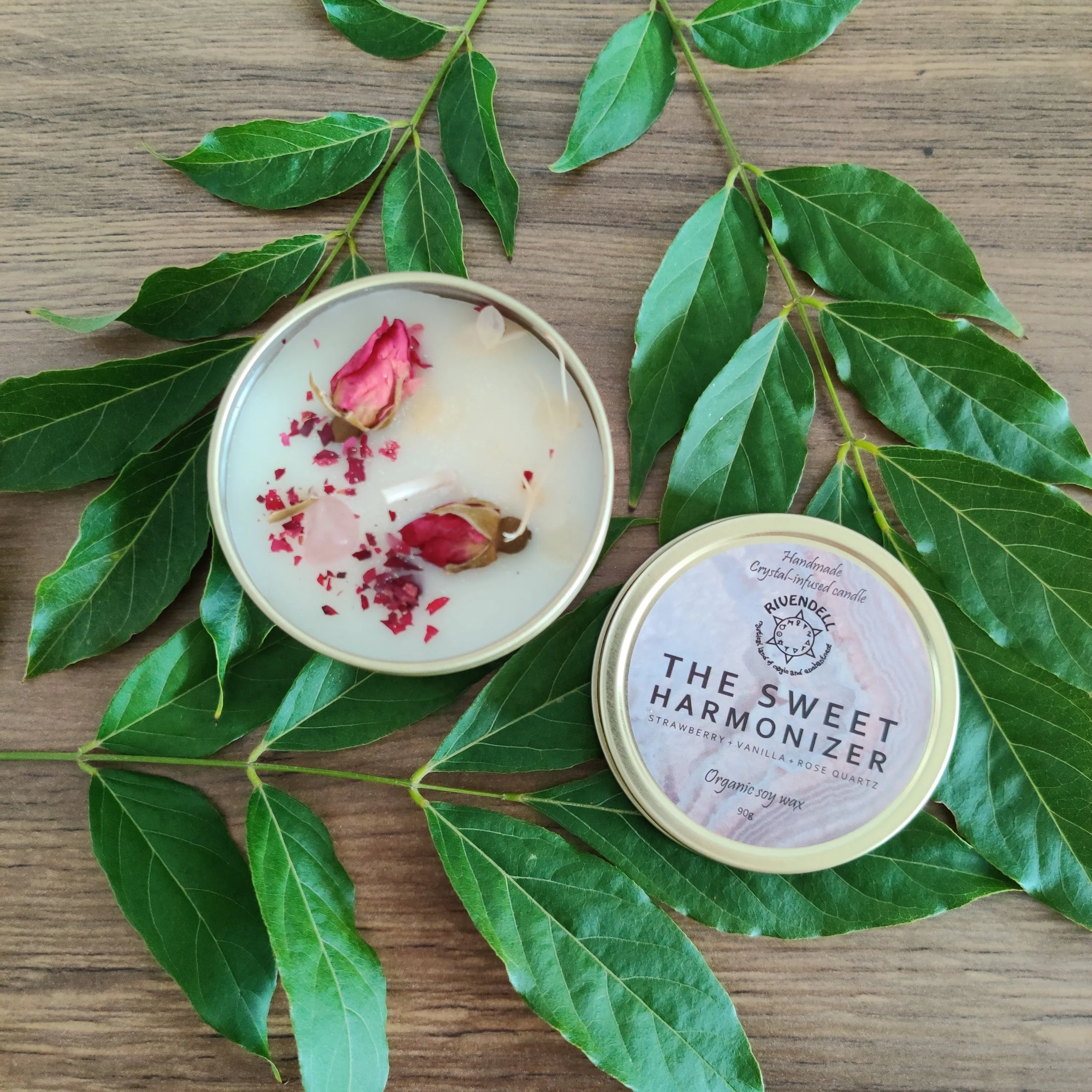 "The Sweet Harmonizer" Strawberry   Vanilla   Rose Quartz Crystal-infused Tin Candle