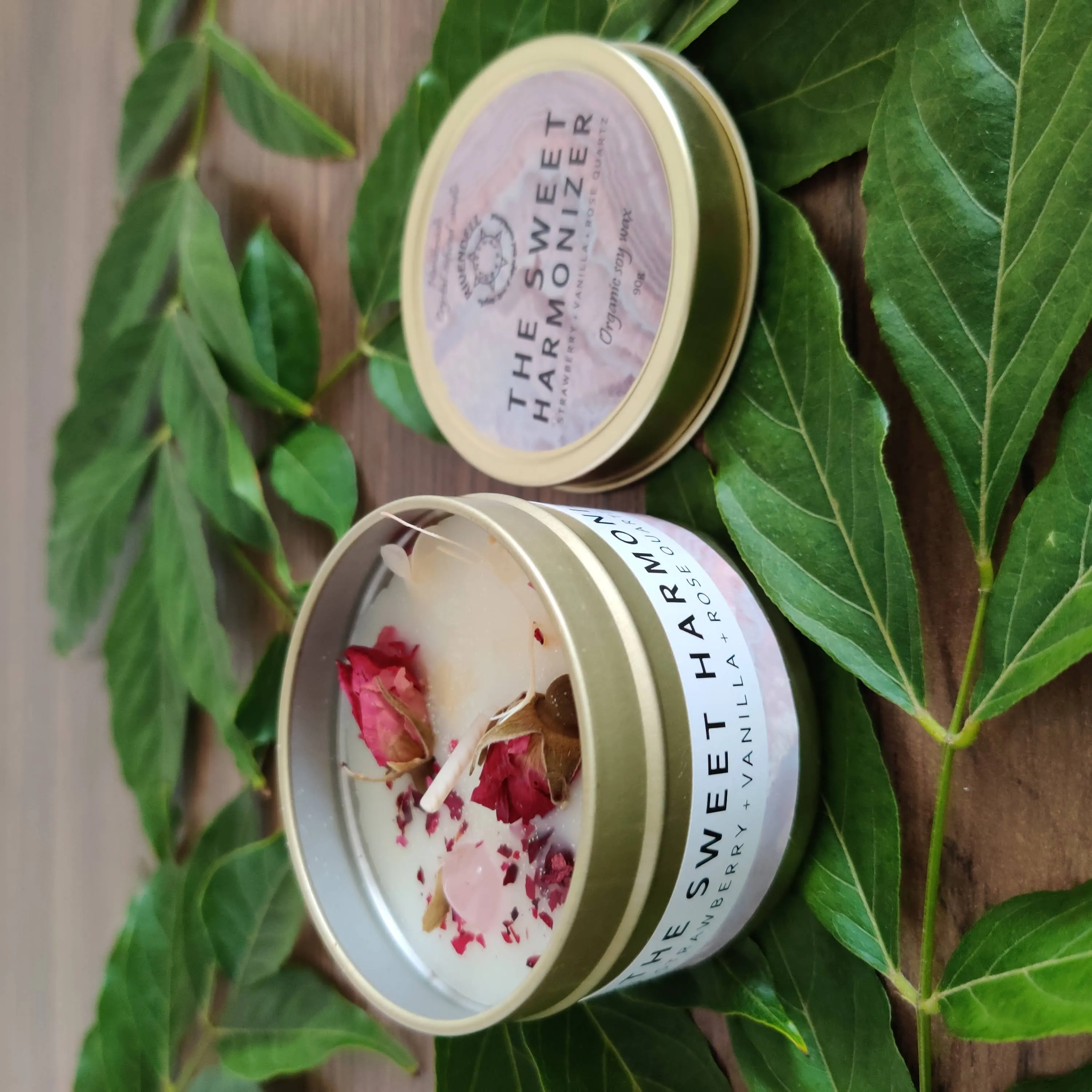 "The Sweet Harmonizer" Strawberry   Vanilla   Rose Quartz Crystal-infused Tin Candle