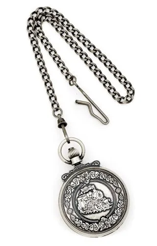 Railroad Pocket Watch, Antiqued Steam Engine Closing Cover Design