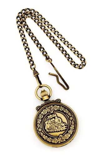Railroad Pocket Watch, Antiqued Steam Engine Closing Cover Design
