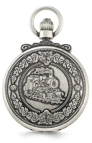 Railroad Pocket Watch, Antiqued Steam Engine Closing Cover Design