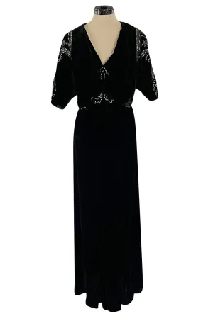 Rare 1920s 1930s Unlabeled Silk Velvet Dress w Rhinestones & Matching Open Shoulder Jacket