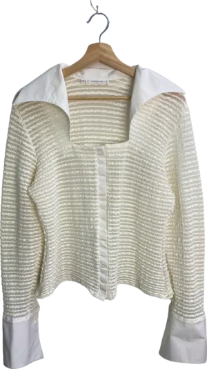 Rayure Paris Vintage White Sheer Striped dramatic collar Blouse UK L