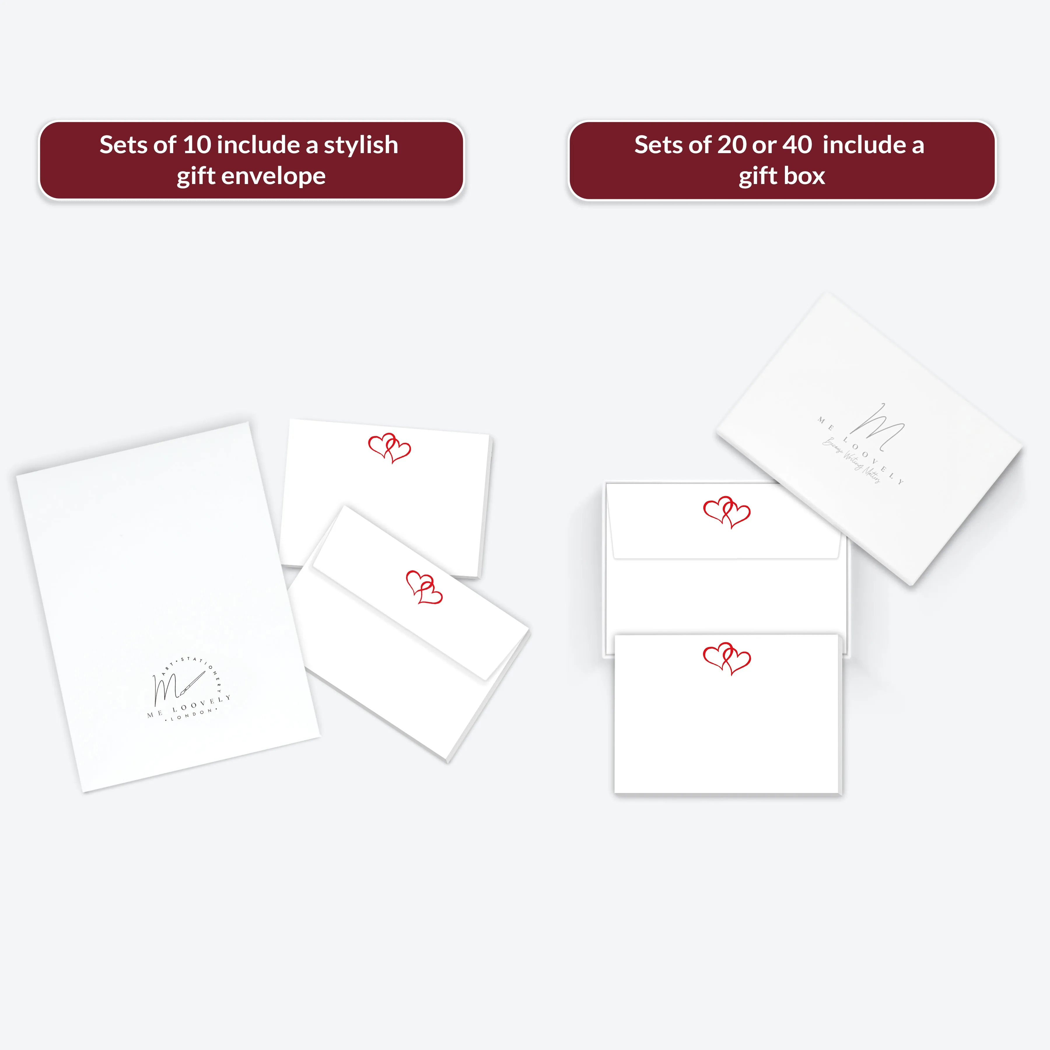Red Double Love Heart Flat Notecard Set