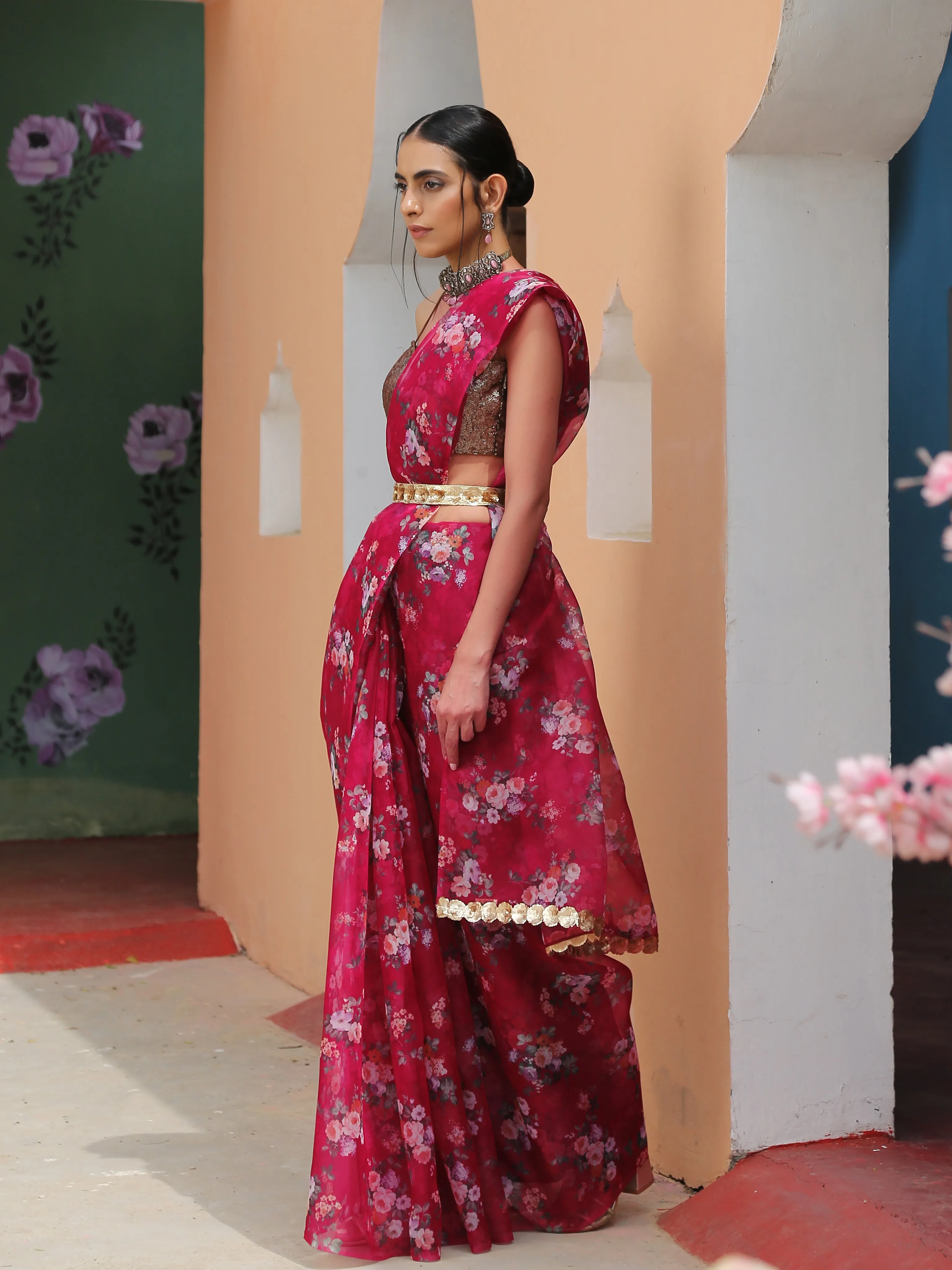 Red Floral Organza Saree