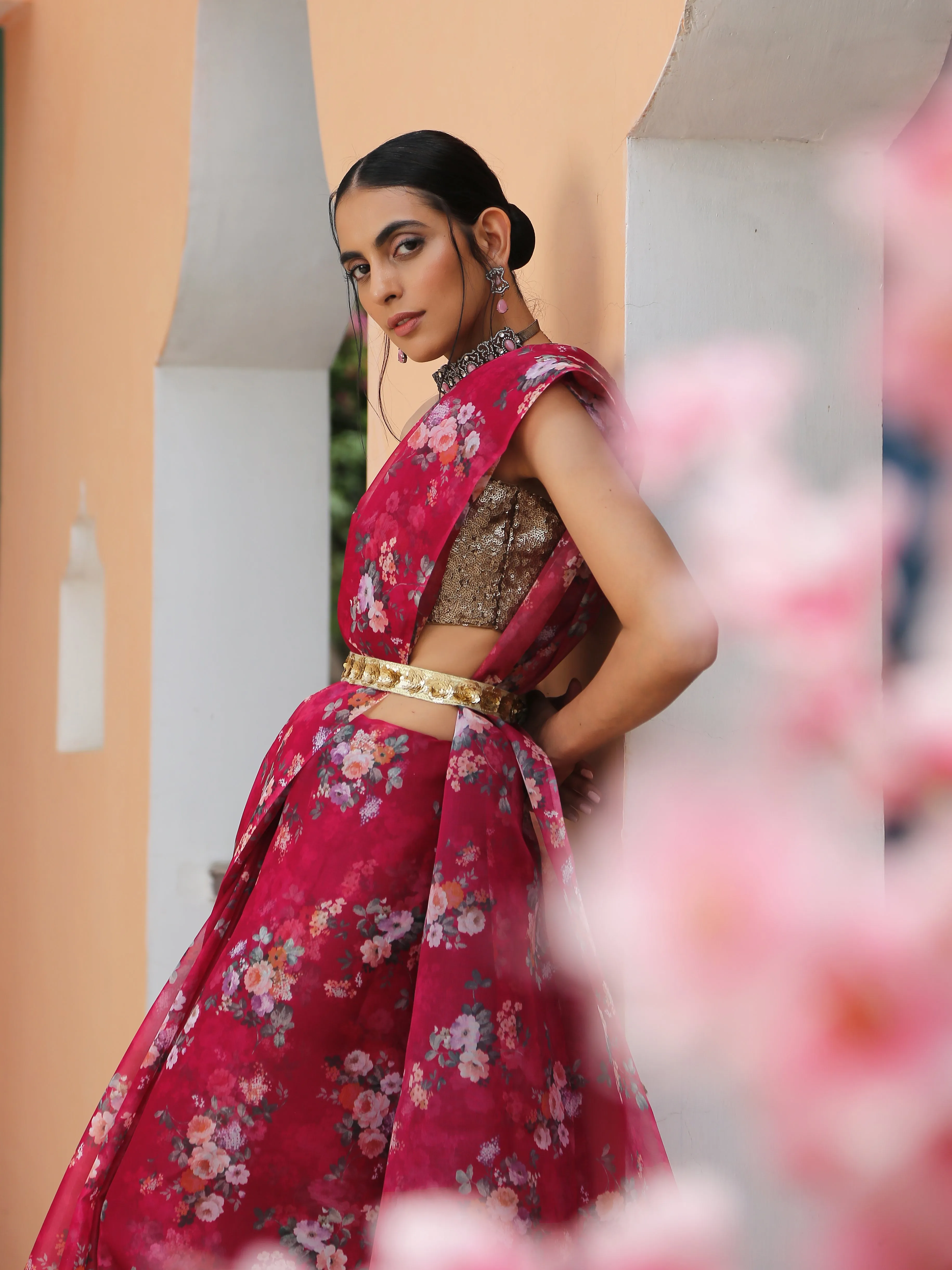 Red Floral Organza Saree