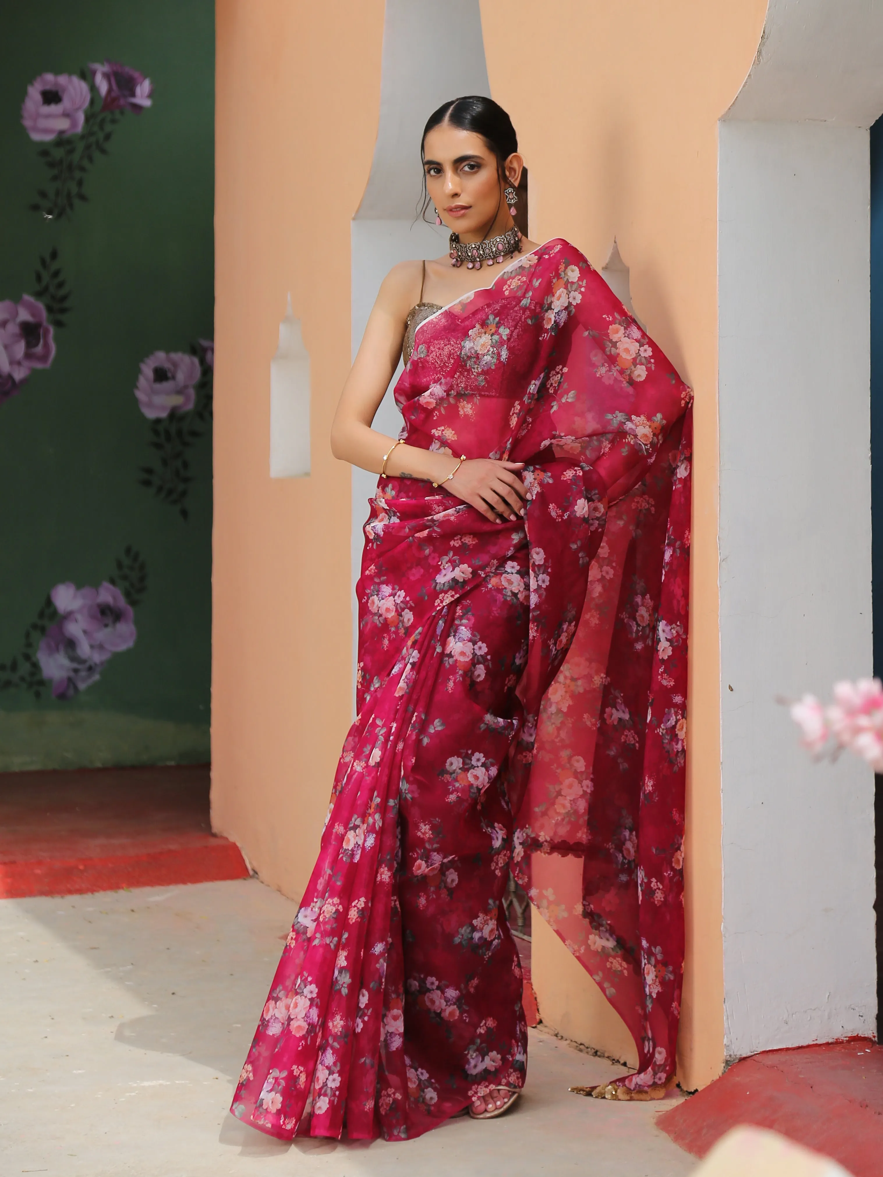 Red Floral Organza Saree