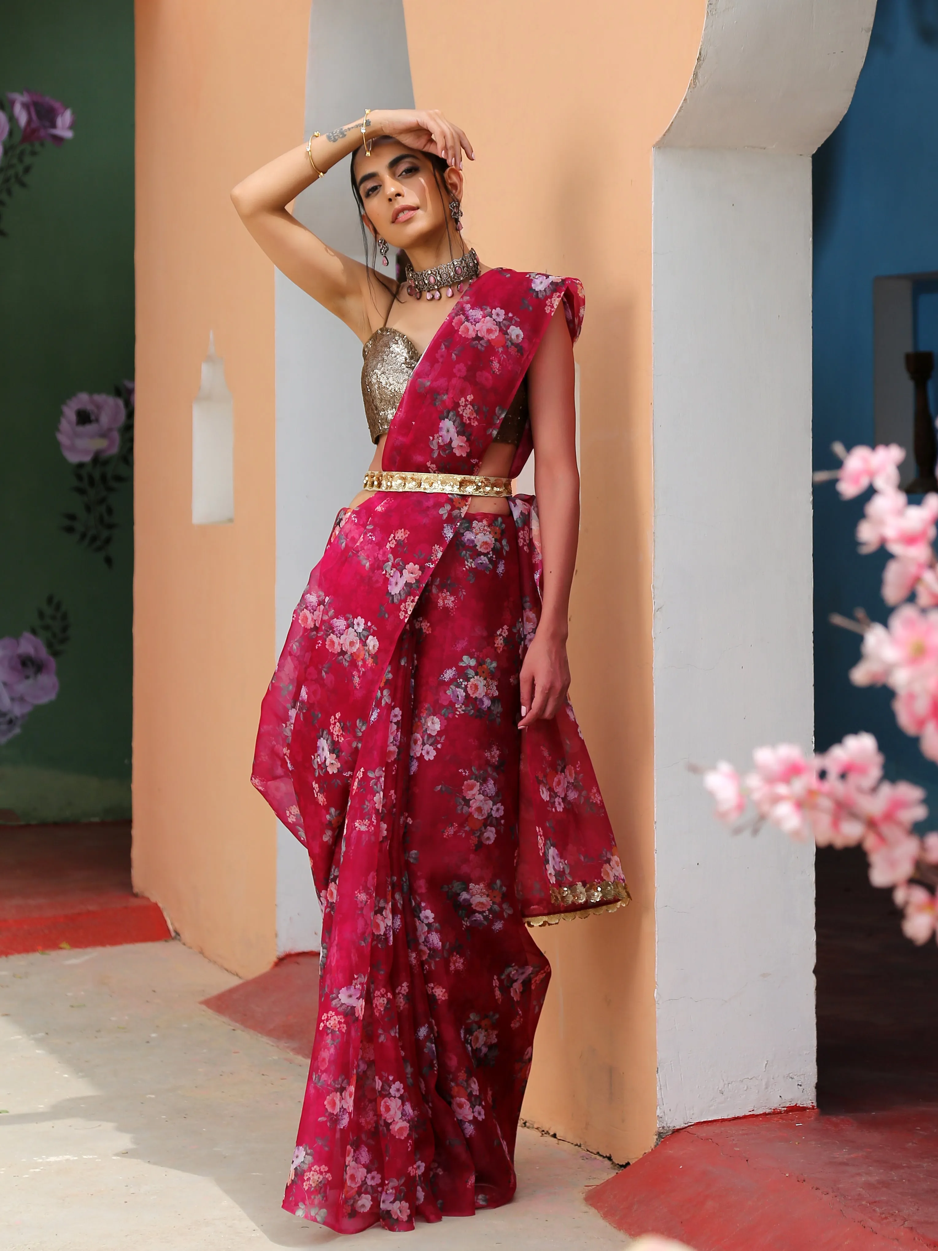Red Floral Organza Saree