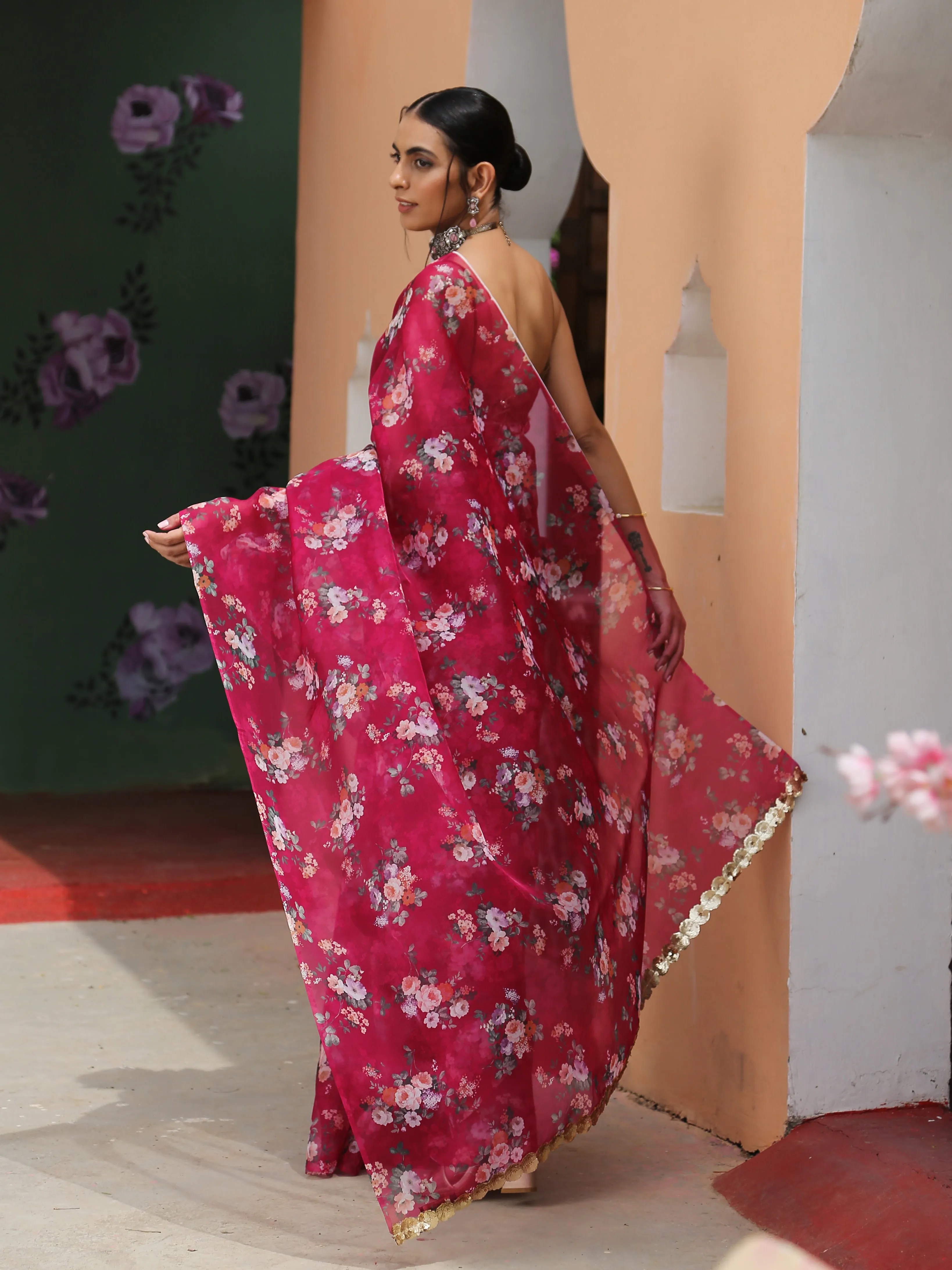 Red Floral Organza Saree